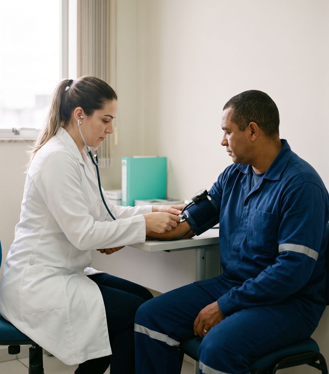 Profissional de saúde de jaleco branco aferindo a pressão de um trabalhador de uniforme em consultório de medicina do trabalho