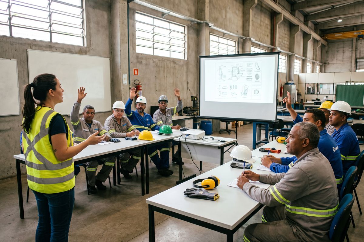 Instrutora de segurança do trabalho conduzindo treinamento para trabalhadores de uniforme e capacete em uma indústria